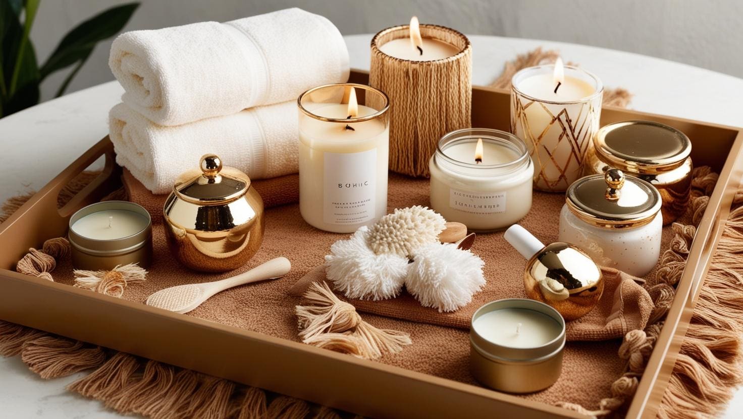 boho chic spa tray with tan white and gold